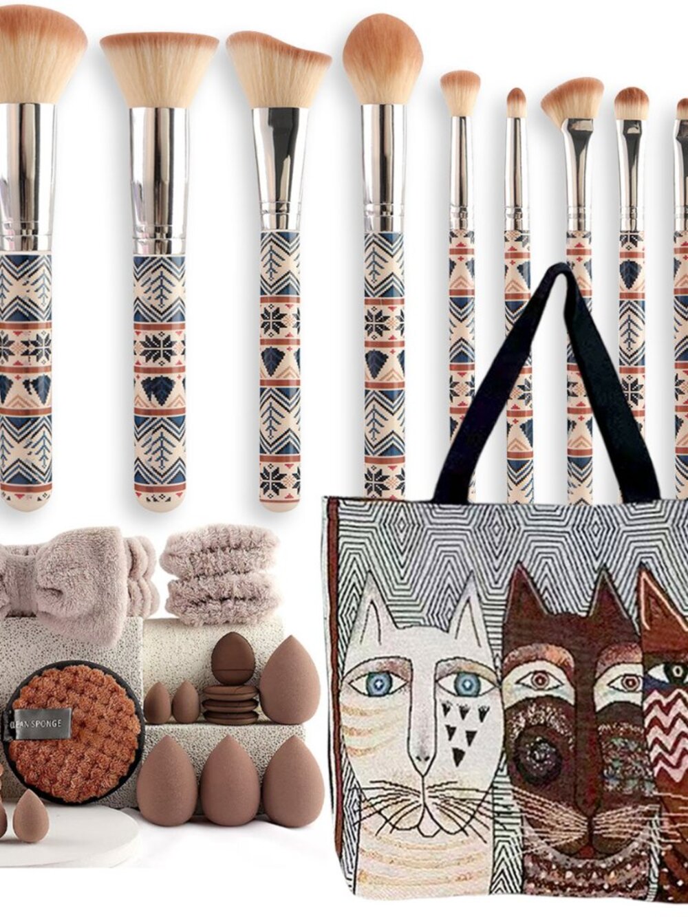 30 Piece Beauty Set: 9 Makeup Brushes + 20 Powder Puffs + Cosmetic Suitcase #605